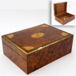 English Inlaid Yew Wood Cigar Box. Decorated with brass mounted edge and several geometric inlaid