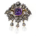 Lady's Victorian Double Cabochon Amethyst, Rose Cut Diamond, Pearl, Silver and Gold Pendant/