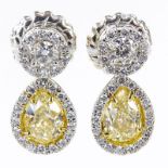 EGL Certified 2.03 Carat Pear Shape Fancy Light Yellow Diamond and Platinum Pendant Earrings