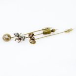 Collection of Three Victorian 10 Karat Yellow Gold Stickpins accented with Old European Cut and Mine