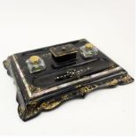 19th Century English Victorian Gilt Lacquered Ebonized Papier Mache and Mother of Pearl Inkstand.