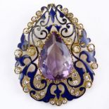 Circa 1930s 18 Karat Yellow Gold and Enamel Brooch set with an Approx. 20.0 carat Pear Shape