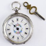 Circa 1886 English, Birmingham Engraved Sterling Silver Pocket Watch with Enamel Decorated Dial