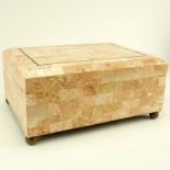 Maitland-Smith Tessellated Tile and Brass Inlaid Footed Box. Cedar lined interior. Maitland-Smith