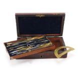 19th Century English Rosewood Boxed Drafting Set with Fitted Velvet Interior. Unsigned. Engraved