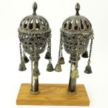 Pair of Late 18th or 19th Century Judaica Silver Torah Finials on Wooden Mount. Possibly Egyptian.