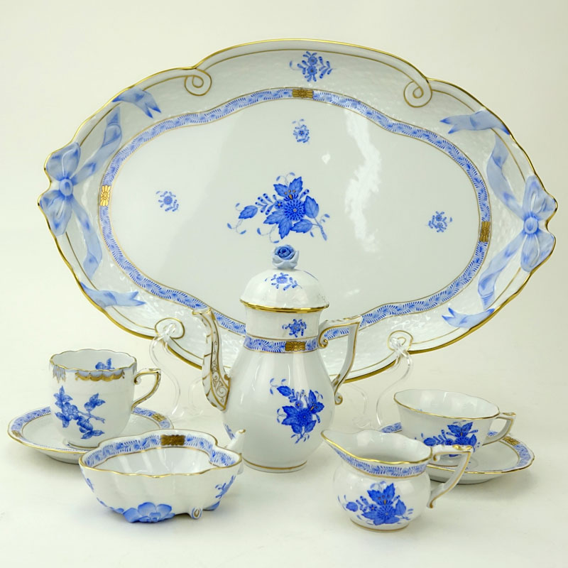 Herend Porcelain "Chinese Bouquet Blue" Demitasse Set. Includes: Pot, sugar bowl, creamer, 2 cups
