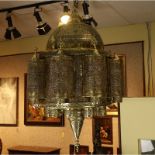 Large Mid 20th Century Moroccan Brass Chandelier with Filigree Islamic Design. Unsigned. Good