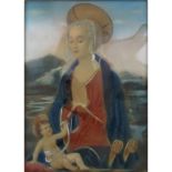 19th Century Italian "Madonna and Child" Watercolor Miniature Painting on Celluloid. Signed Mayer.