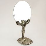 Antique French Art Nouveau Silver Plate Table Mirror. Depicts a postured young nymph figure with