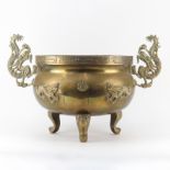 Vintage Chinese Brass Footed Censer/Jardiniere. Features Dragon motif handles and relief