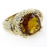 Vintage Criss Cross Cushion Cut Citrine, Diamond and 14 Karat Yellow Gold Ring. Unsigned. Good