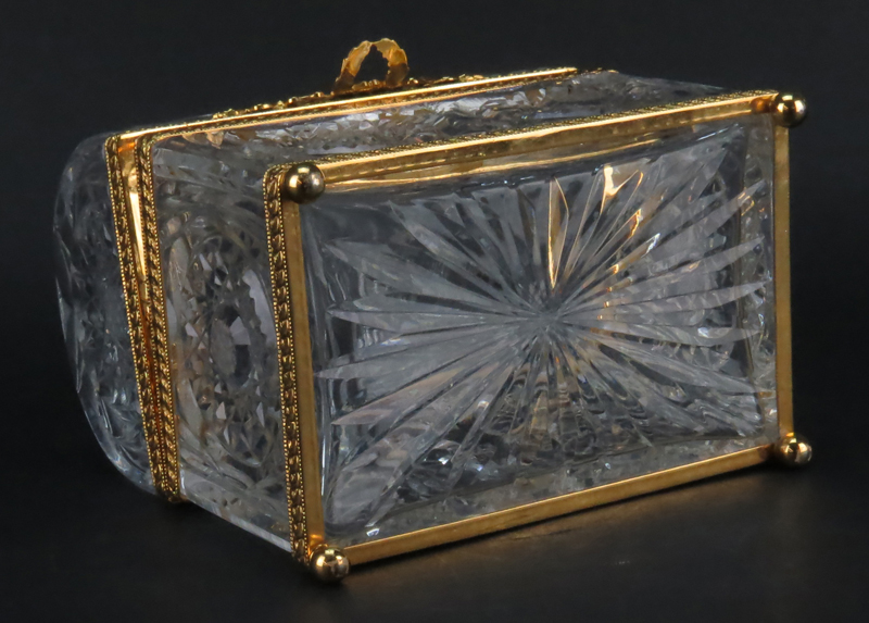 Modern Baccarat Style Crystal and Gilt Bronze Casket Form Box. Scroll work on bronze with foliage - Image 4 of 5