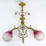 Antique Decorative Brass Light Fixture With Glass Globe Shades. Unsigned. Good condition. Measures