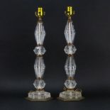 Pair of Antique Possibly EF Caldwell Etched Crystal and Bronze Lamps. Unsigned. One with repair to