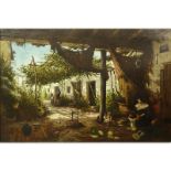 19/20th Century Spanish School Oil Painting On Canvas "Pérgola". Elaborate gilt frame. Unsigned.