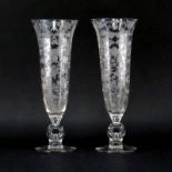 Pair of Vintage Cambridge Glass "Rose Point" Vases. Etched rose motif with key hole sculpted stem.