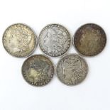 Lot of Five (5) 1881-1889 U.S. Morgan Silver Dollars. Mint mark "O" on one coin. Needs cleaning,