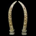 Pair of 20th Century Chinese Monumental Carved and Tessellated Bone Tusk Sculptures. Carved with