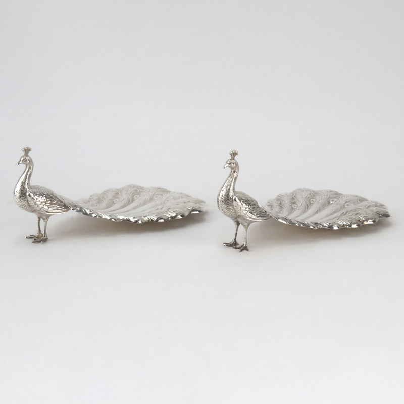 Pair of Gorham Sterling Silver Figural Peacock Bon Bon Dishes. Signed. Good condition. Measures 4" H