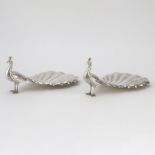 Pair of Gorham Sterling Silver Figural Peacock Bon Bon Dishes. Signed. Good condition. Measures 4" H