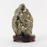 Pyrite "Fool's Gold" Natural Mineral Specimen on Wooden Stand. Many faceted crystallized cubes in