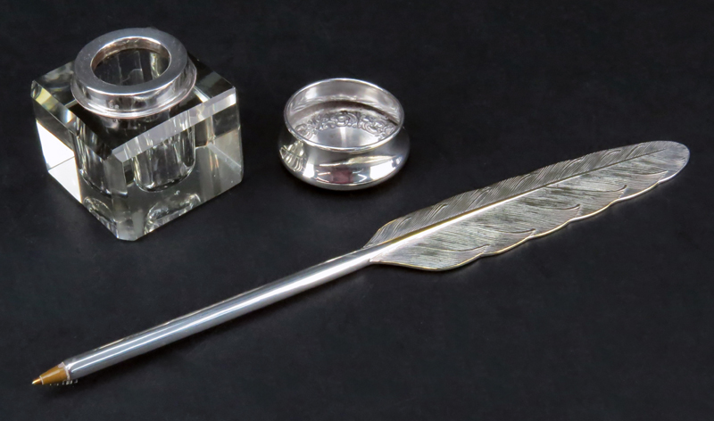 Collection of Three (3) Glass and Silver Inkwells and a Silver Plate "Quill" Pen. Includes a - Image 3 of 5