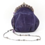 19th C Sterling Silver and Amethyst Framed Handbag. Modern lizard leather bag. Frame set with