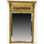 19th Century Neoclassical Empire Style Giltwood Carved Mirror. Polychrome Greek key relief crest,