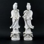 Pair of 20th Century Chinese Blanc de Chine Guanyin Figurines. Unsigned. One figurine has a loss