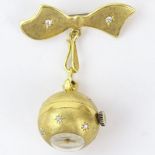 Lady's Vintage Depraz 18 Karat Yellow Gold and Diamond Pendant Ball Brooch Watch. Stamped 750.