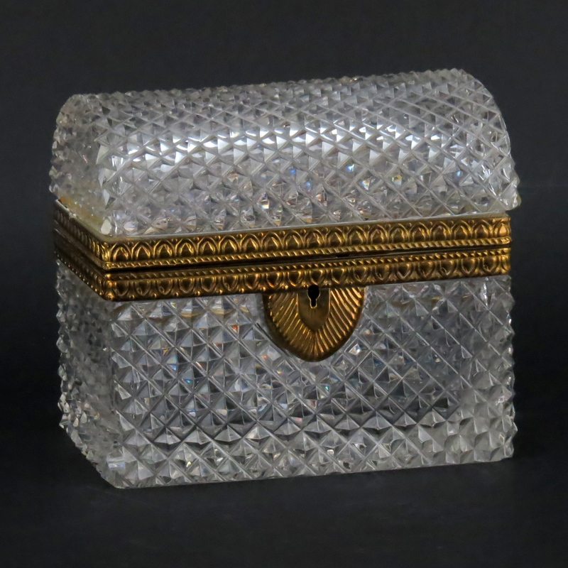 Antique Baccarat Style Crystal Casket Form Box. Bronze scroll work on hardware with faceted