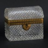 Antique Baccarat Style Crystal Casket Form Box. Bronze scroll work on hardware with faceted