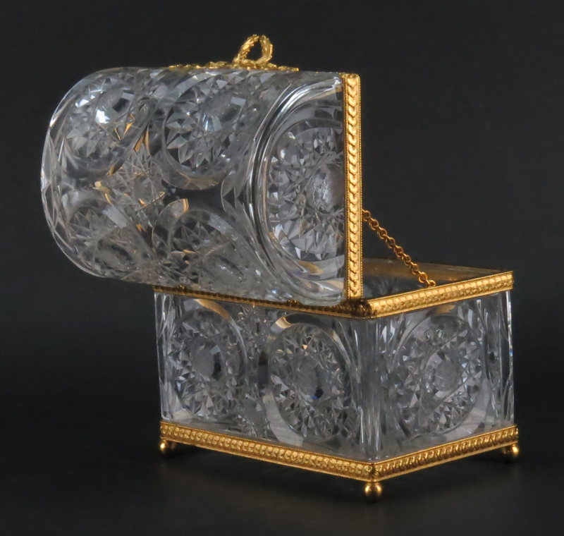 Modern Baccarat Style Crystal and Gilt Bronze Casket Form Box. Scroll work on bronze with foliage - Image 3 of 5