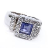 Vintage Square Cut Sapphire, Diamond and 14 Karat White Gold Ring. Sapphire measures 6mm square.