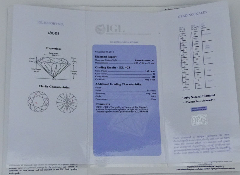 IGL Certified 1.42 Carat Round Brilliant Cut Diamond. D color, SI2 clarity. Measures 6.97 x 7.06 x - Image 3 of 4