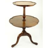 Mid Century Chippendale Style Two tiered Pie Crust Table. Decorated with scalloped edges and three