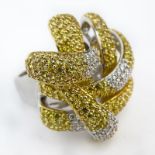 Pave Set Yellow and White Diamond and 18 Karat Yellow and White Gold Knot Ring. Stamped 18K. Good