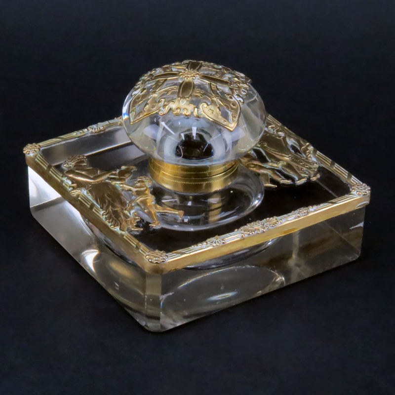 19th Century French Empire Ormolu Bronze And Possibly Baccarat Crystal Inkwell. Unsigned.