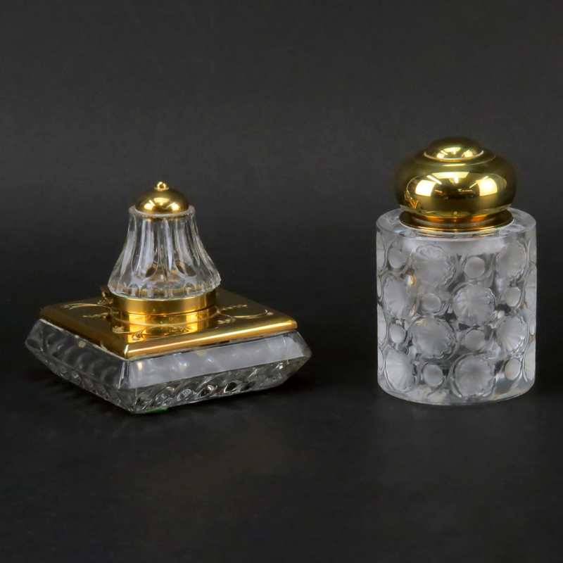 Grouping of Two (2) Vintage Inkwells. Includes: Lalique France "Tokyo" holder mounted as inkwell,