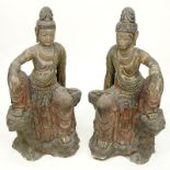 Pair Of Modern Asian Polychrome Carved Wood Buddha Figures. Unsigned. Wear and rubbing or in good