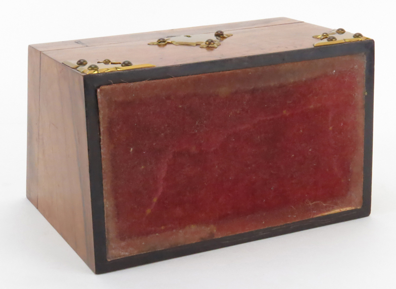 Antique English Burlwood and Brass Mounted Slant Top Box. Wedgwood jasperware insert to top. Natural - Image 4 of 4