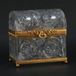 Modern Baccarat Style Crystal and Gilt Bronze Casket Form Box. Scroll work on bronze with foliage