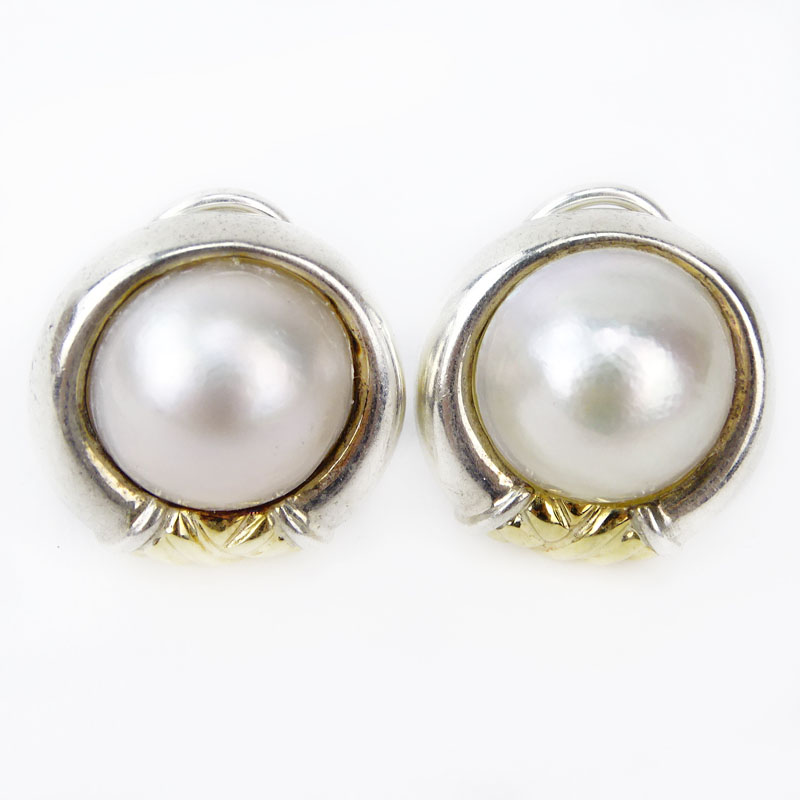 Vintage Mabe Pearl, 18 Karat Yellow Gold and Sterling Silver Button Earrings. Stamped Tiffany &Co,