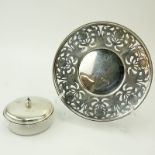Vintage Sterling Silver and Serving Dish with Crystal Insert. Openwork flower motif on border with