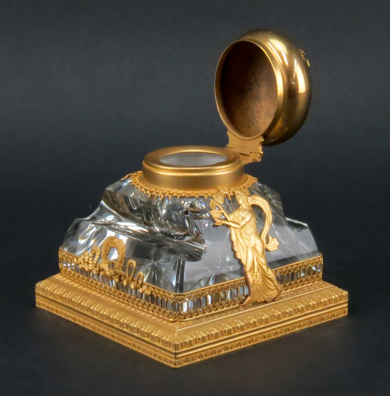 19th Century French Empire Ormolu Bronze And Possibly Baccarat Crystal Inkwell. Unsigned. Good - Image 2 of 4