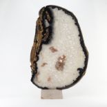 Massive Polished Agate Quartz Mineral Slice on Stone Base. Oval form with crystalline formations,