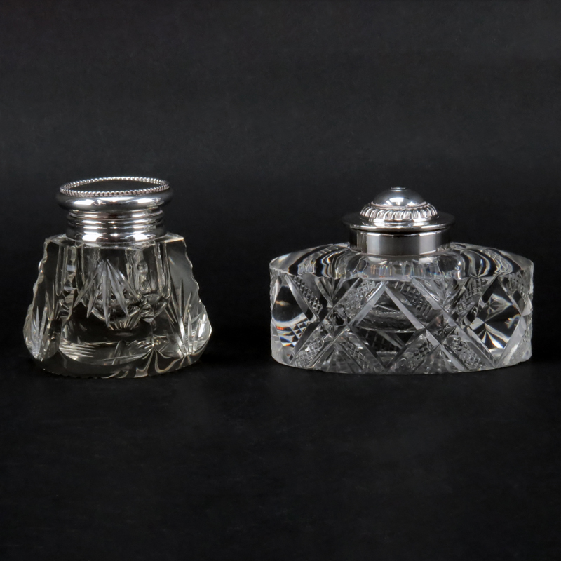 Grouping of Two (2) Victorian Style Cut Crystal Inkwells. Both are stamped to lid, one is