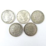 Lot of Five (5) 1880-1900 U.S. Morgan Silver Dollars. Mint marks on 3 coins. Needs cleaning,