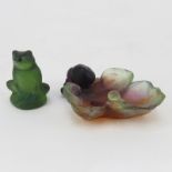 Vintage Daum France Pate de Verre Fig Leaf with Fig and Lalique France Glass Frog Figure. Each